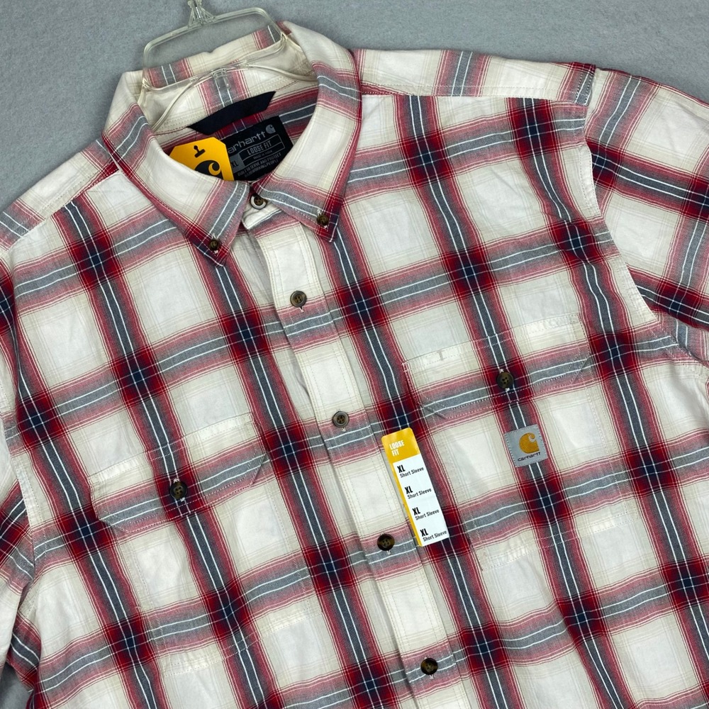 Carhartt Mens XL Loose Fit Midweight Chambray Plaid Short Sleeve Shirt 104625